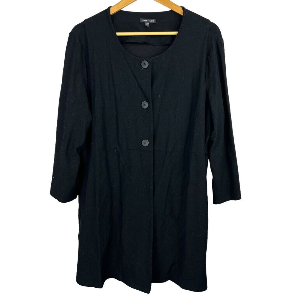 Eileen Fisher Black Collarless Mid Length Jacket Size L Viscose 3 button
